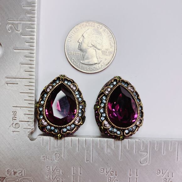 VTG Signed Heidi Daus Gold Tone Purple Rhinestone Clip On Earrings Collectible - Picture 10 of 11
